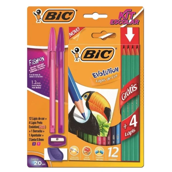 Kit Escolar BIC 12 Lápis de Cor + 4 Lápis Preto Evolution + 2 Canetas Cristal Fashion + 1 Borracha