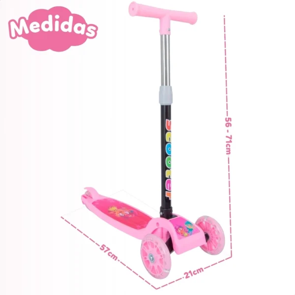 Patinete infantil 3 rodas com led luzes dobrável ajustável - Rosa