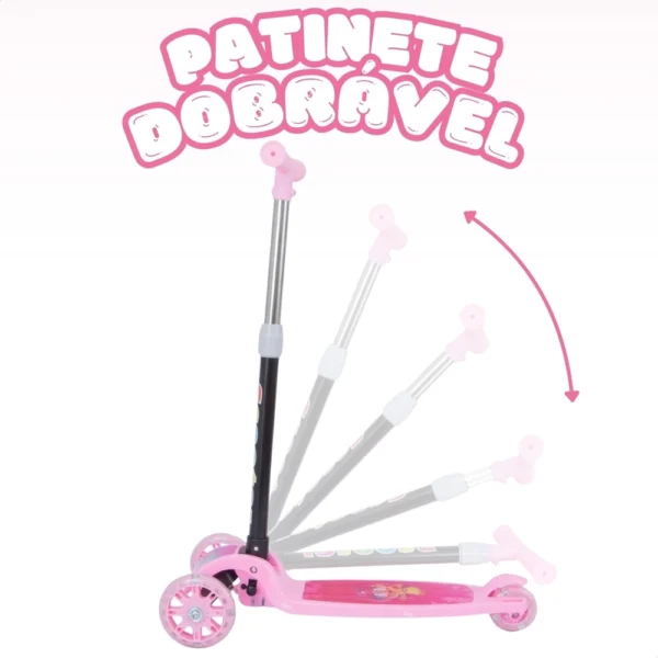 Patinete infantil 3 rodas com led luzes dobrável ajustável - Rosa - Image 5