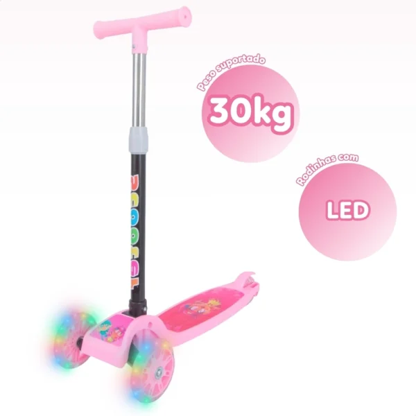 Patinete infantil 3 rodas com led luzes dobrável ajustável - Rosa - Image 3