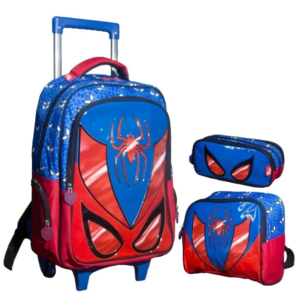 Kit Mochila Escolar Infantil de Rodinhas com Lancheira e Estojo Yins em Pvc 3d Kids Spider Azul