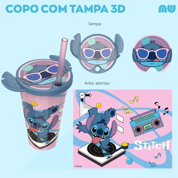 Copo com Tampa e Canudo 500ml Stitch Rosa - Icon - Image 2