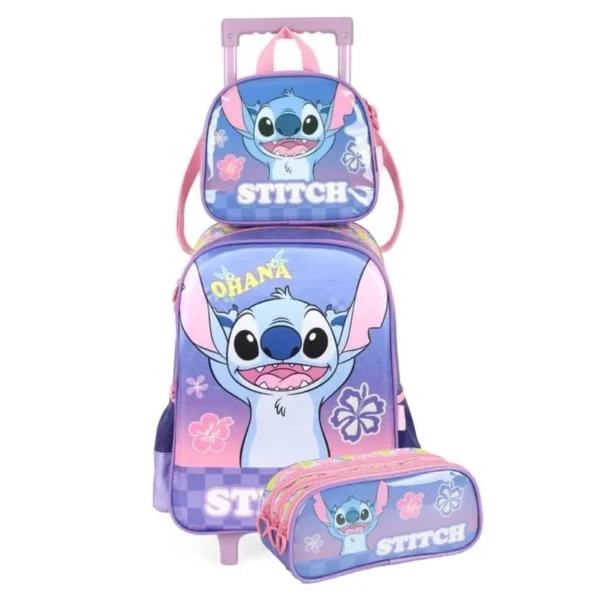 Kit Mochila Infantil Lilo e Stitch Rosa Rodinhas Grande